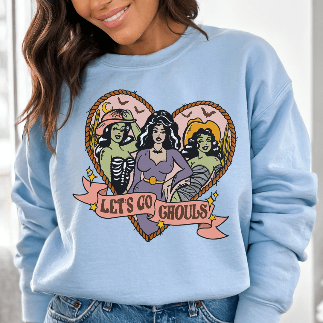 Let's Go Ghouls sweats featuring unique designs by top artists, made from cozy cotton/poly fleece blend.
