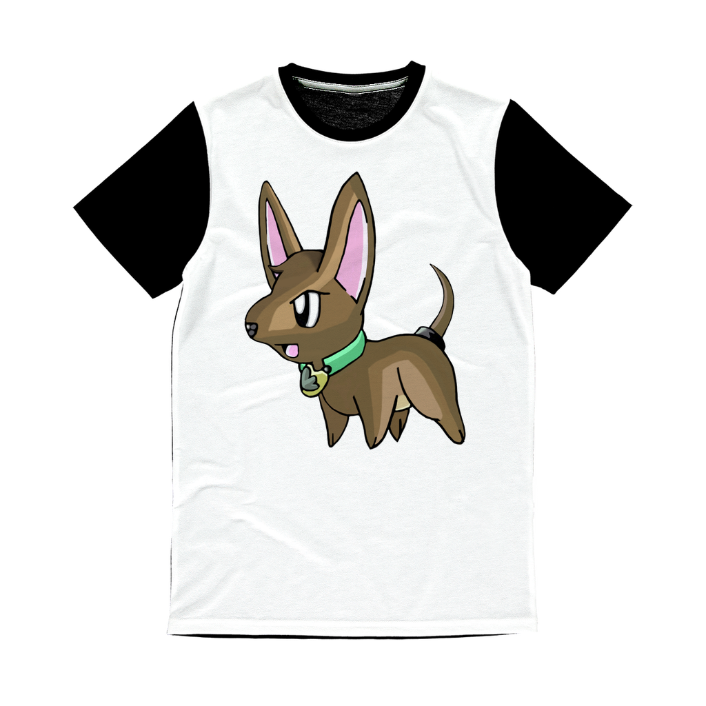 LG Classic Sublimation Panel T-Shirt featuring a vibrant front design and a plain black back, ideal for custom printing.