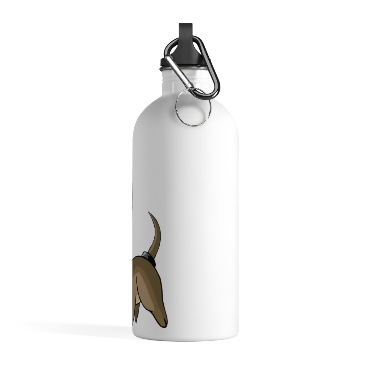 LG Stainless Steel Water Bottle with a plastic screw top and carabiner, showcasing its sleek design and lightweight construction.