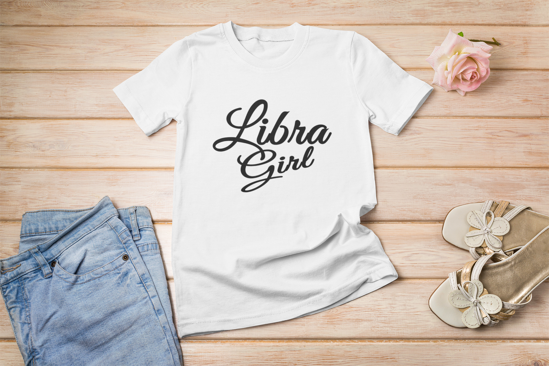 A stylish unisex T-shirt featuring Libra girl lettering design, perfect for zodiac enthusiasts.