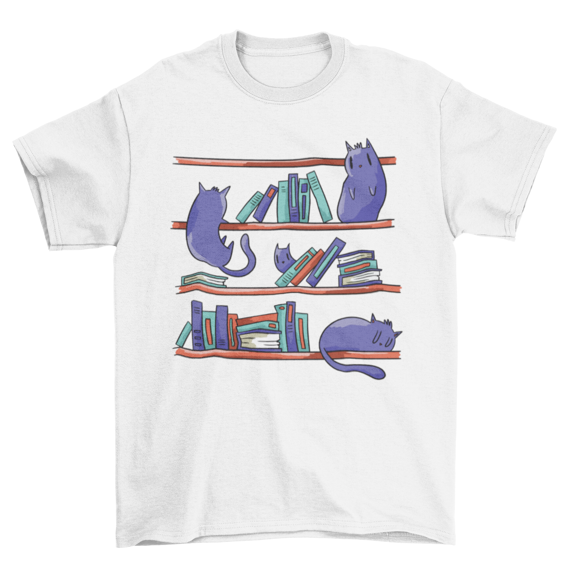 A stylish t-shirt featuring an illustration of playful cats climbing a bookshelf, perfect for cat lovers and book enthusiasts.
