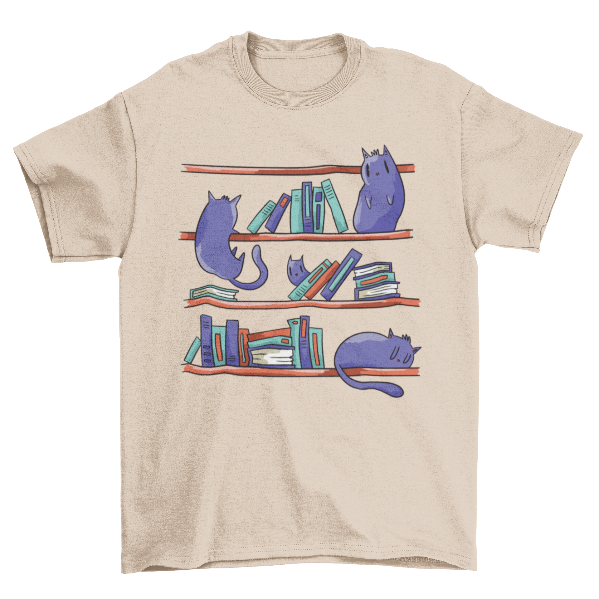 A stylish t-shirt featuring an illustration of playful cats climbing a bookshelf, perfect for cat lovers and book enthusiasts.