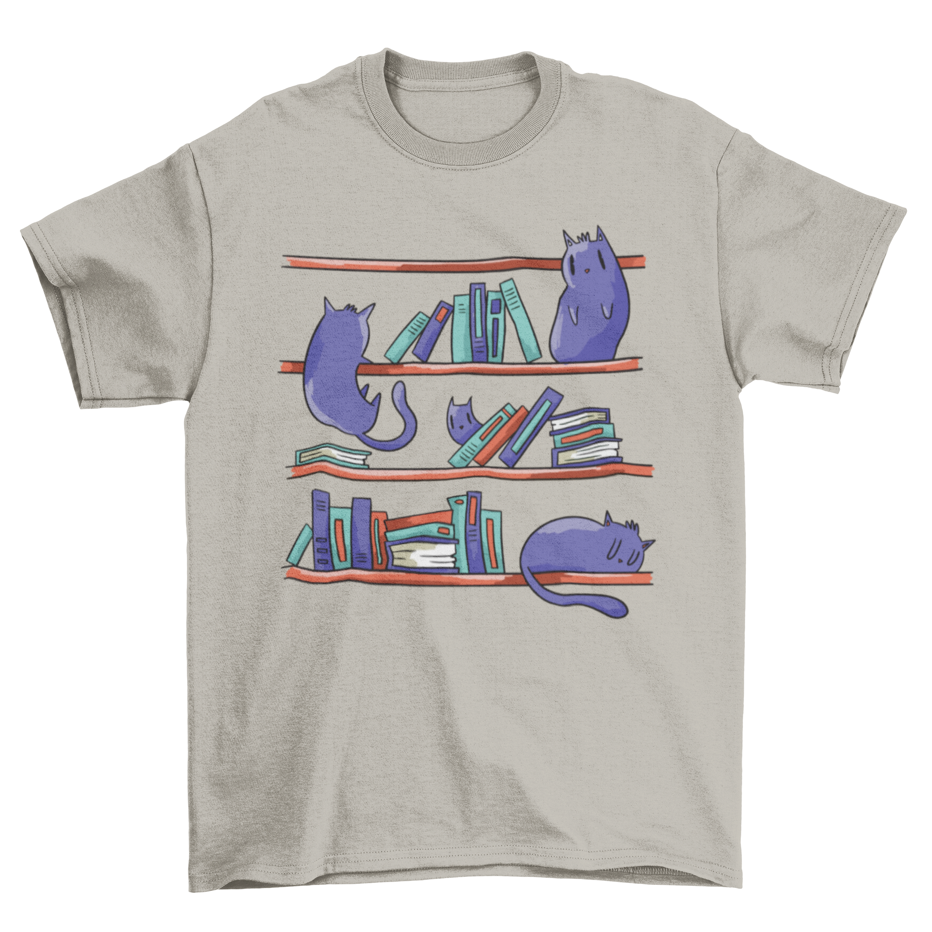 A stylish t-shirt featuring an illustration of playful cats climbing a bookshelf, perfect for cat lovers and book enthusiasts.