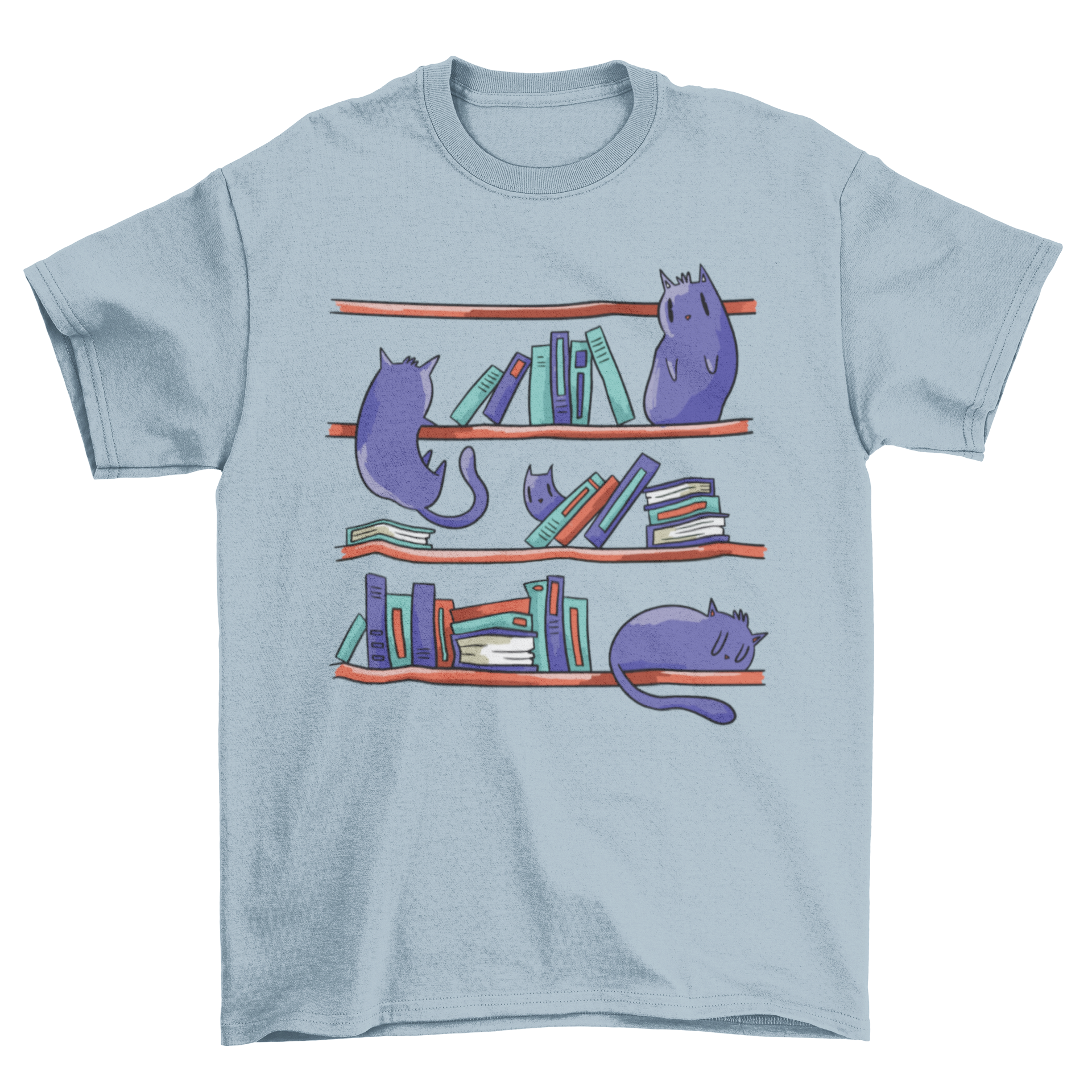 A stylish t-shirt featuring an illustration of playful cats climbing a bookshelf, perfect for cat lovers and book enthusiasts.