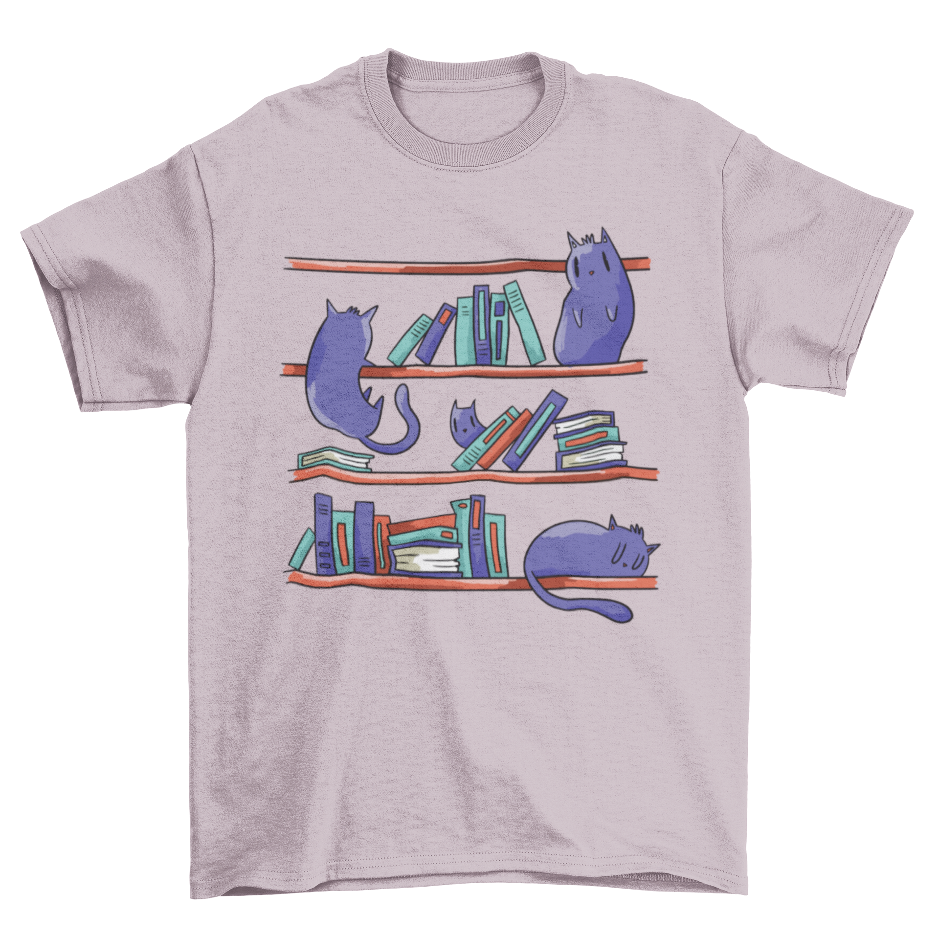 A stylish t-shirt featuring an illustration of playful cats climbing a bookshelf, perfect for cat lovers and book enthusiasts.