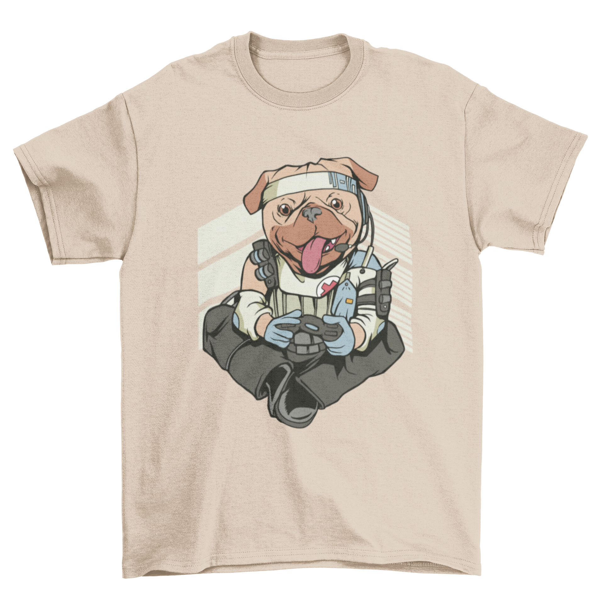 Lifeline Pug Apex T-shirt featuring a pug playing video games in stylish clothing.