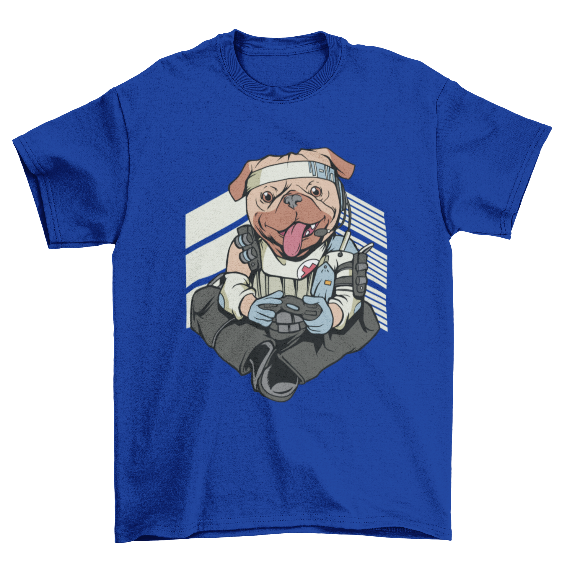 Lifeline Pug Apex T-shirt featuring a pug playing video games in stylish clothing.