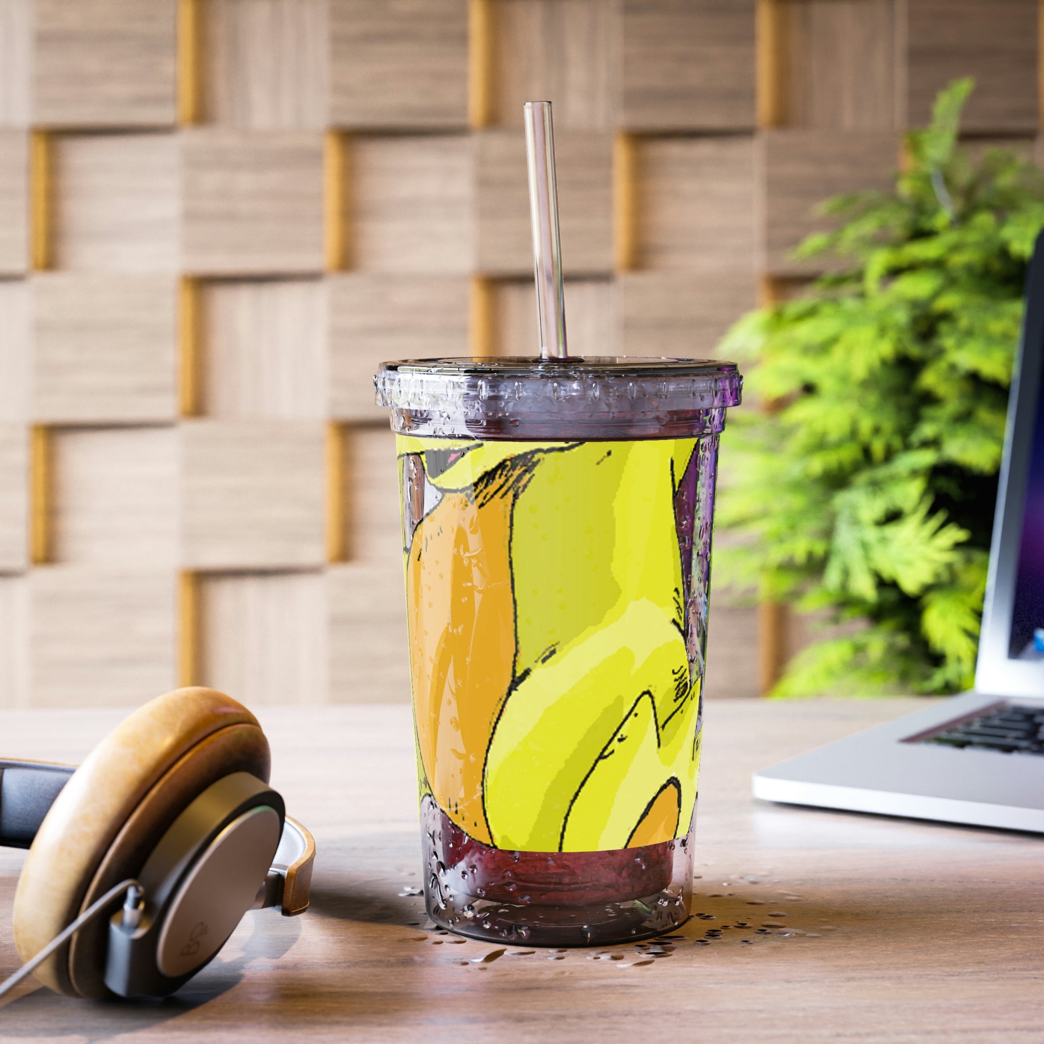Lighender Suave Acrylic Cup in stainless steel with a black screw-on cap and a plastic straw, showcasing a customizable design.