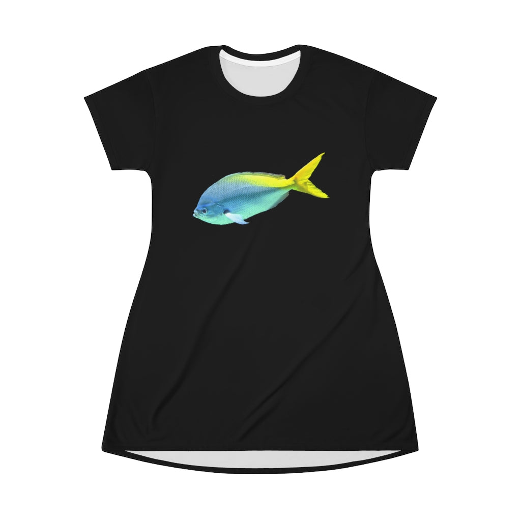 Light Blue and Yellow Fish All Over Print T-Shirt Dress featuring a vibrant fish pattern on a lightweight fabric.
