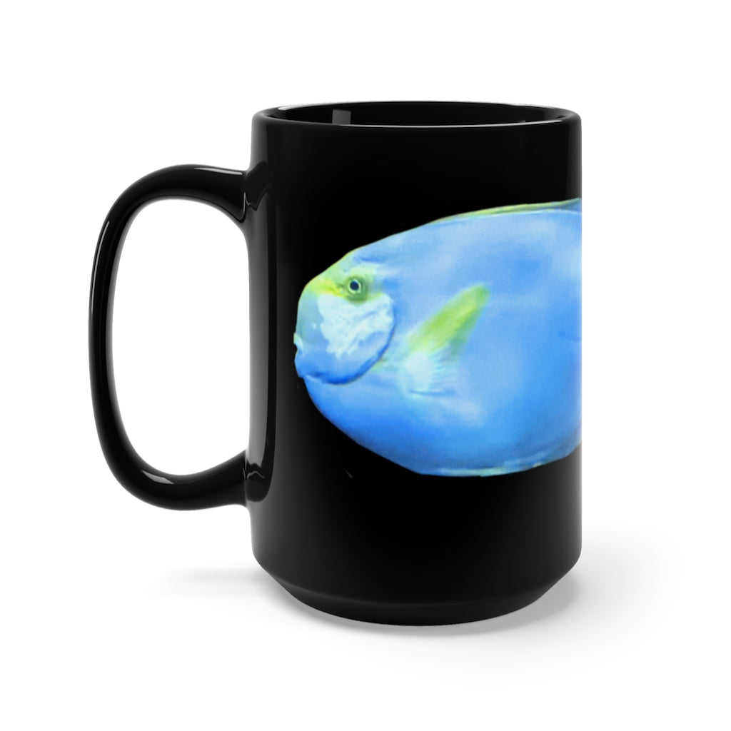 Light Blue and Yellow Fish Black Mug, 15oz ceramic cup with vibrant design and comfortable handle.