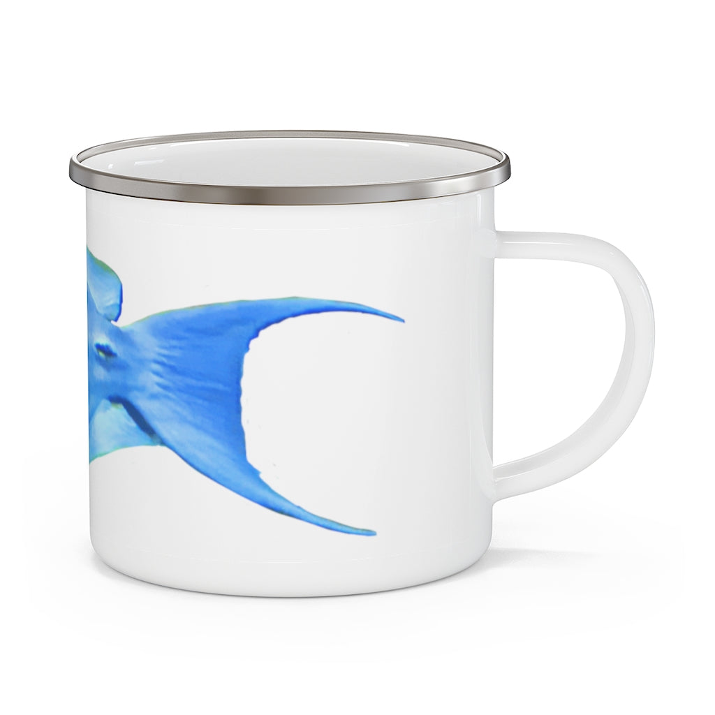 Light Blue and Yellow Fish Enamel Camping Mug with C-handle, perfect for outdoor adventures.