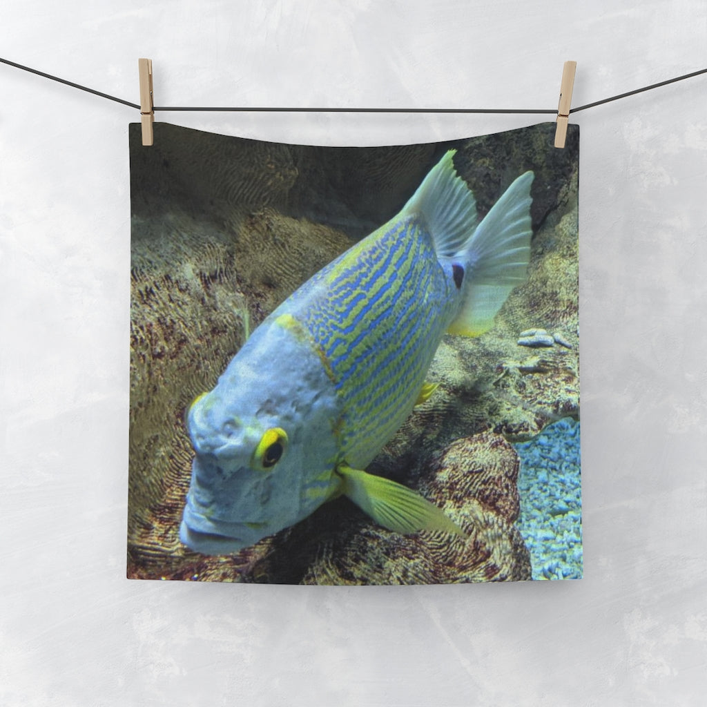 Light Blue and Yellow Fish Face Towel featuring a vibrant fish design on a soft polyester blend front and absorbent cotton back.