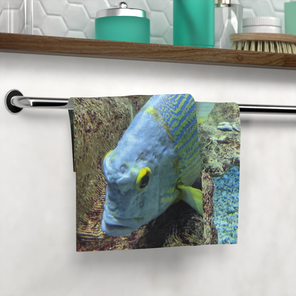 Light Blue and Yellow Fish Face Towel featuring a vibrant fish design on a soft polyester blend front and absorbent cotton back.
