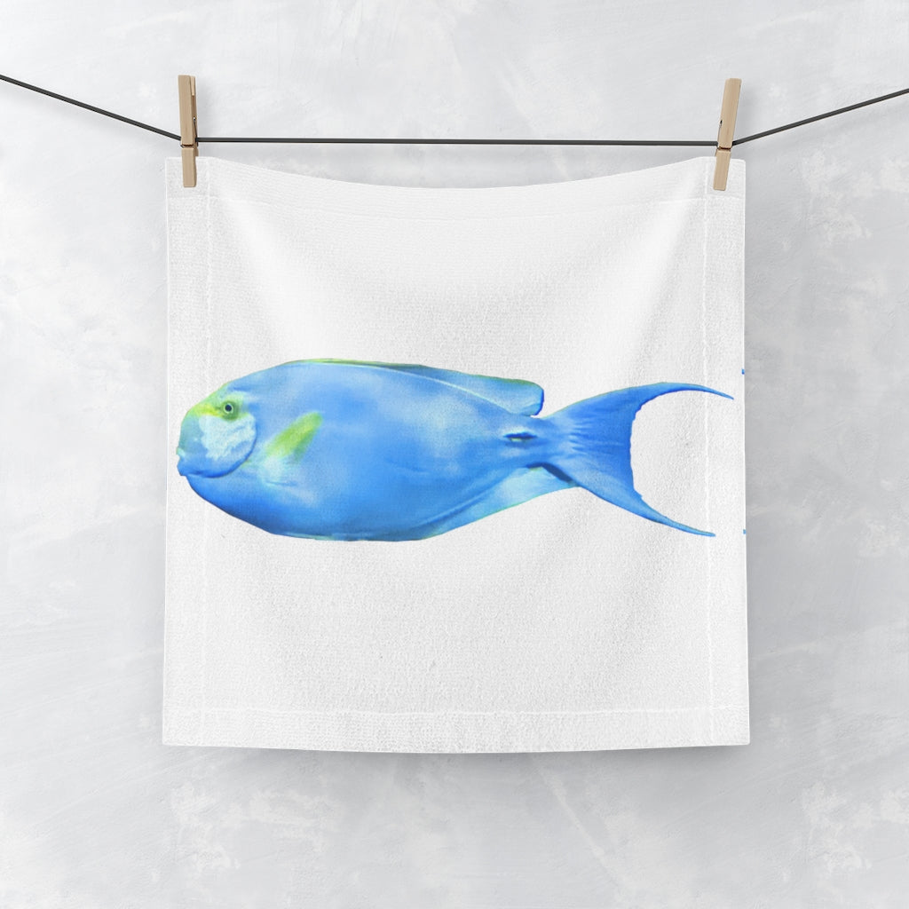 Light Blue and Yellow Fish Face Towel featuring a vibrant fish design on a soft polyester blend front and absorbent cotton back.