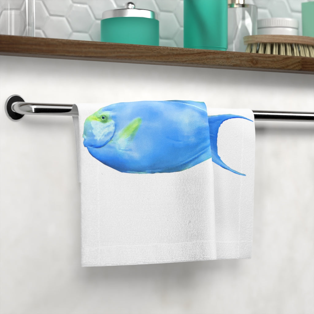 Light Blue and Yellow Fish Face Towel featuring a vibrant fish design on a soft polyester blend front and absorbent cotton back.