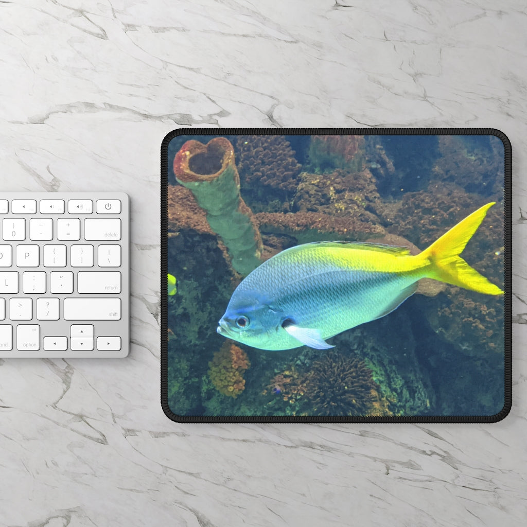Light Blue and Yellow Fish Gaming Mouse Pad featuring vibrant colors and stitched edges, perfect for gaming and office use.