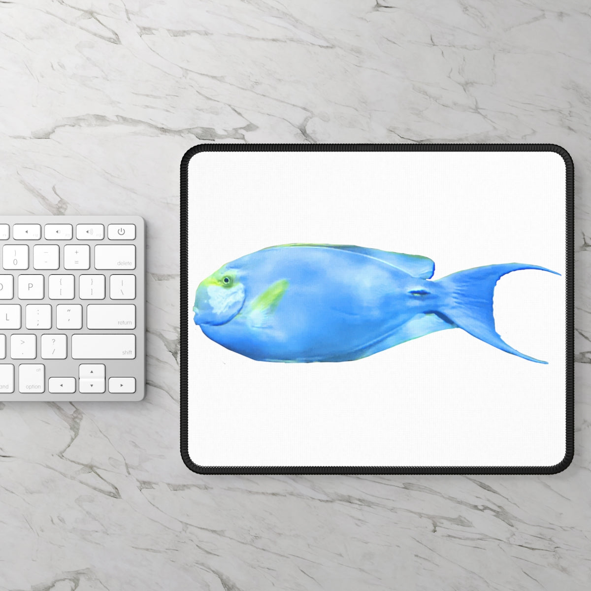 Light Blue and Yellow Fish Gaming Mouse Pad with vibrant fish design and stitched edges, perfect for gaming and office use.