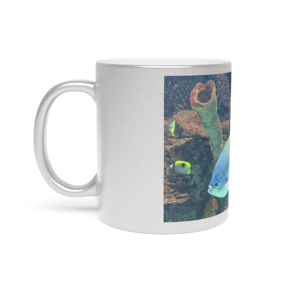 Light Blue and Yellow Fish Metallic Mug with Gold and Silver coating, showcasing a vibrant design and comfortable C-handle.