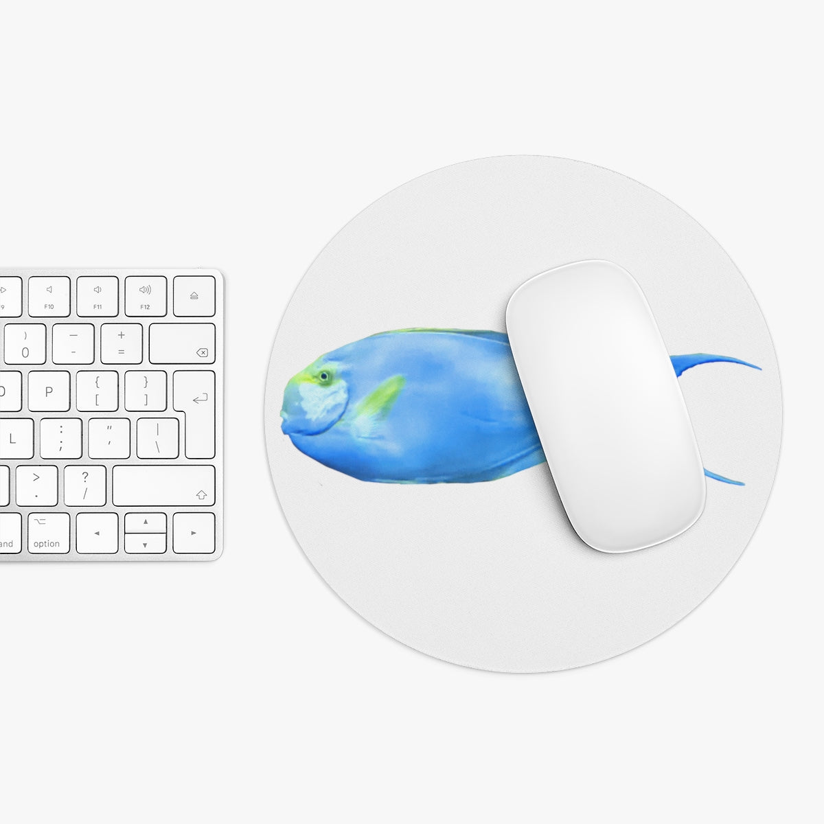 Light Blue and Yellow Fish Mouse Pad with vibrant aquatic design, available in round and rectangular shapes, featuring a non-slip rubber bottom.