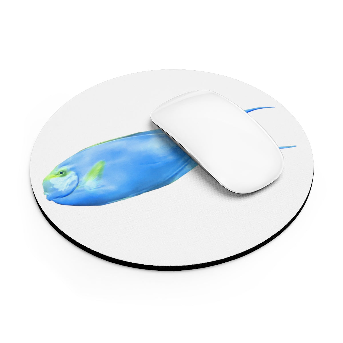 Light Blue and Yellow Fish Mouse Pad with vibrant aquatic design, available in round and rectangular shapes, featuring a non-slip rubber bottom.