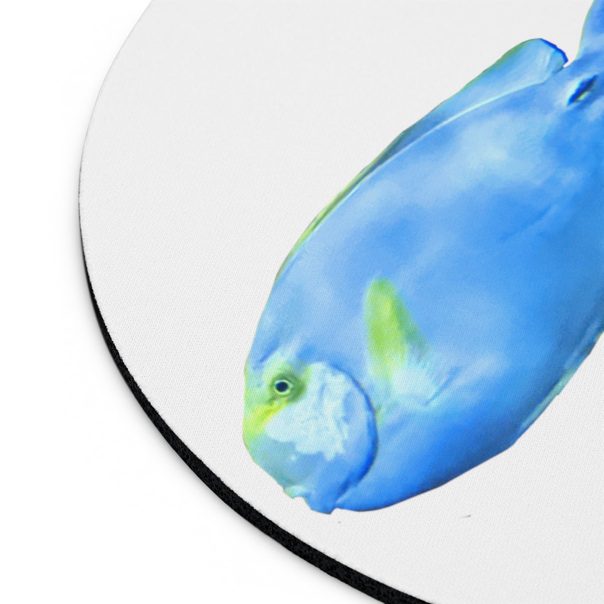 Light Blue and Yellow Fish Mouse Pad with vibrant aquatic design, available in round and rectangular shapes, featuring a non-slip rubber bottom.
