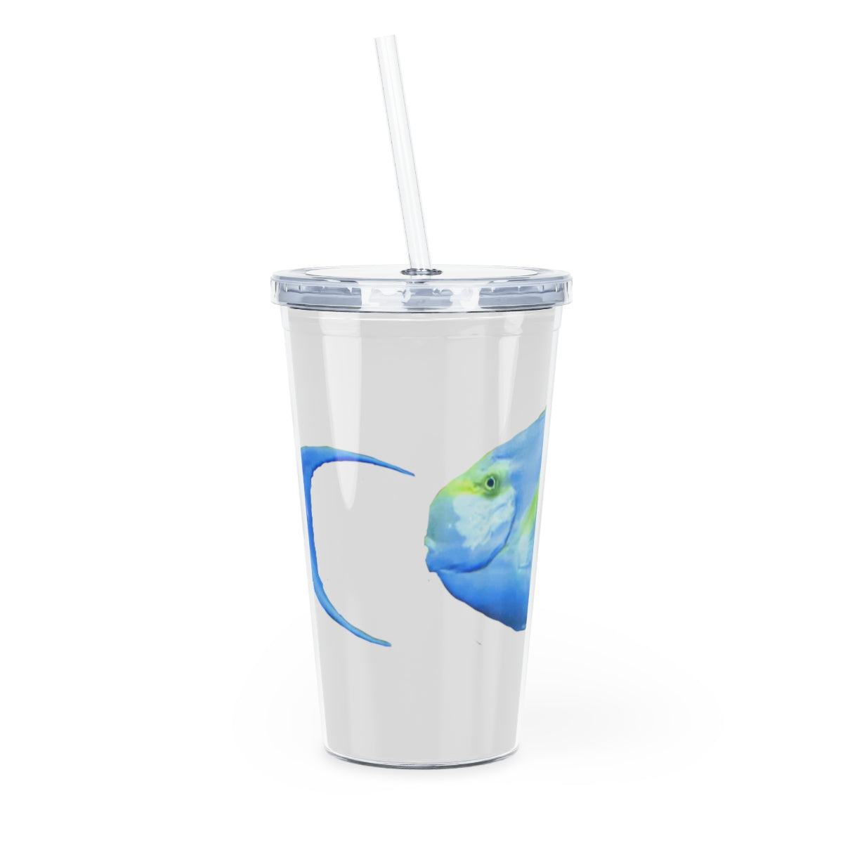 Light Blue and Yellow Fish Plastic Tumbler with Straw, featuring a vibrant fish design and a matching lid.