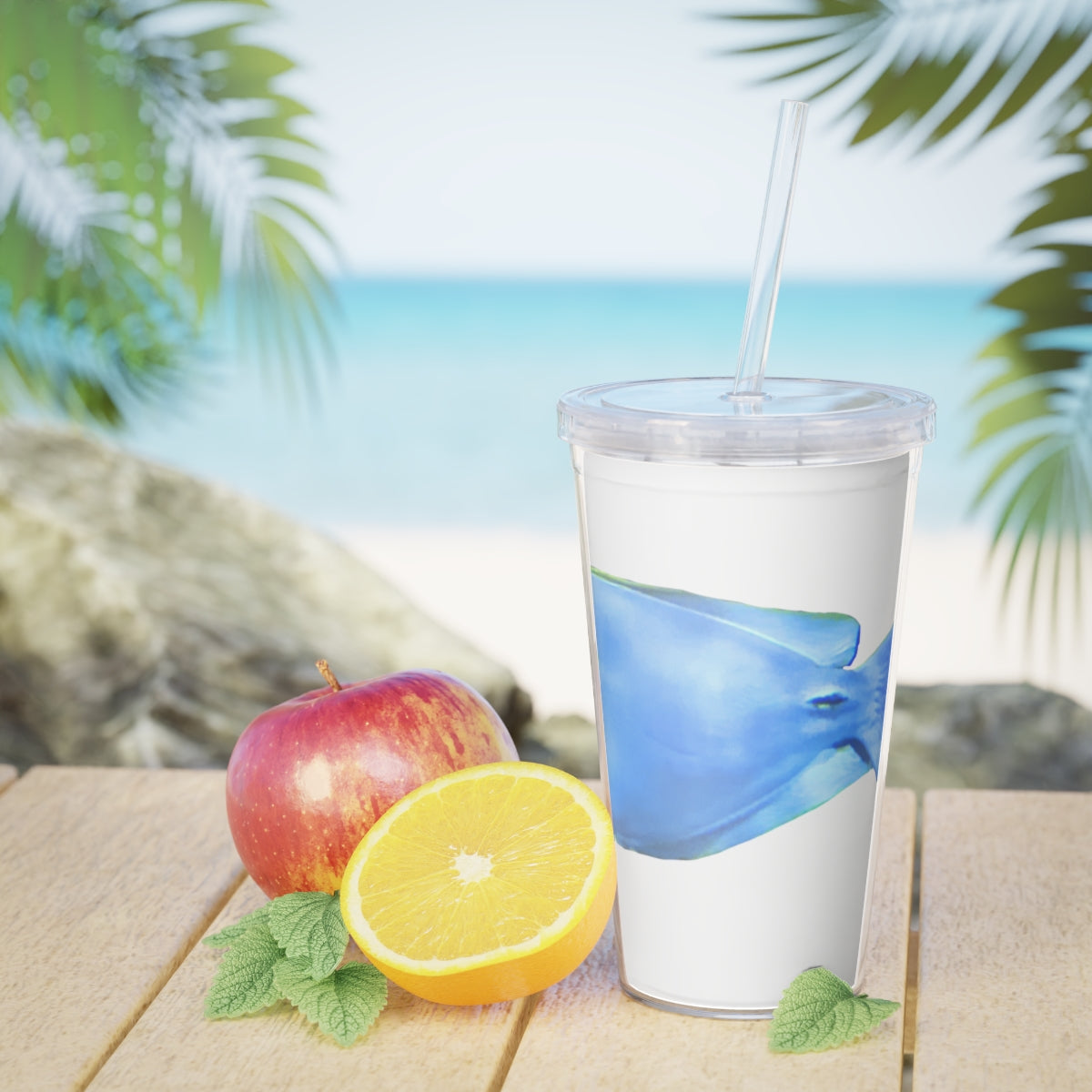 Light Blue and Yellow Fish Plastic Tumbler with Straw, featuring a vibrant fish design and a matching lid.