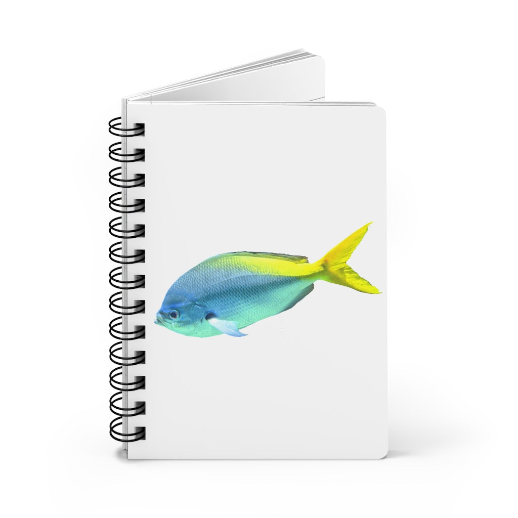 Light Blue and Yellow Fish Spiral Bound Journal with glossy cover and lined pages, perfect for writing and journaling.