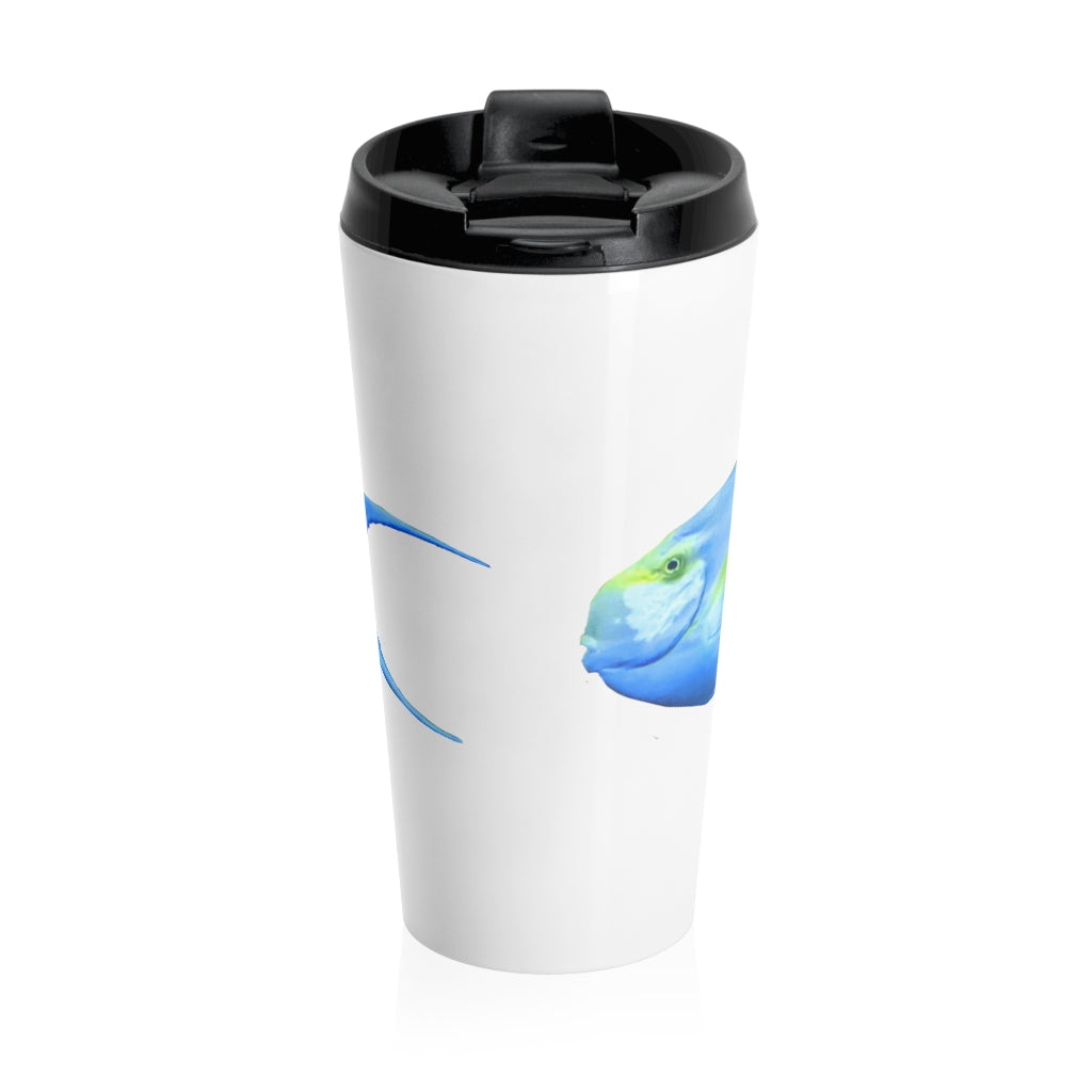 Light Blue and Yellow Fish Stainless Steel Travel Mug with black lid, showcasing a vibrant fish design.