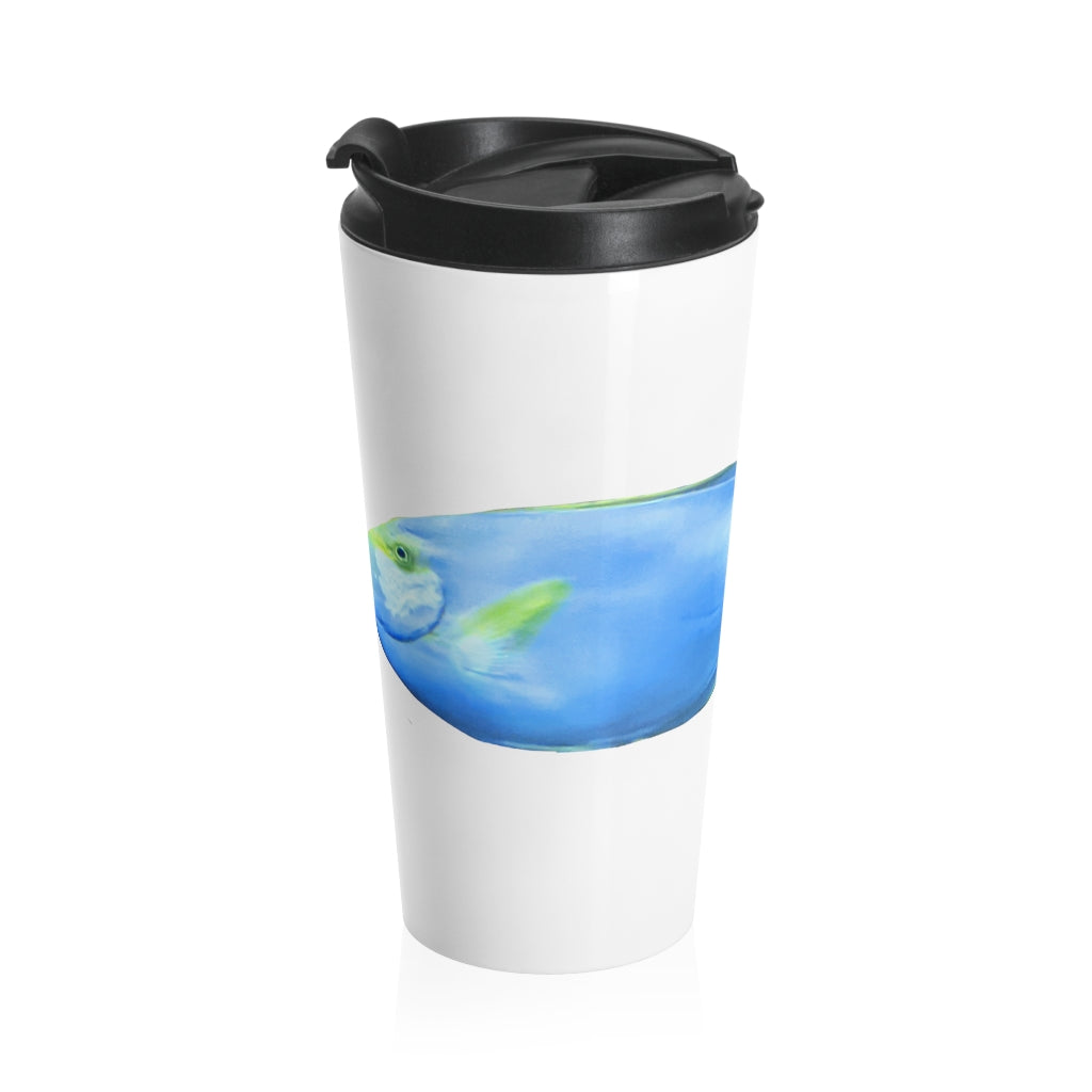 Light Blue and Yellow Fish Stainless Steel Travel Mug with black lid, showcasing a vibrant fish design.