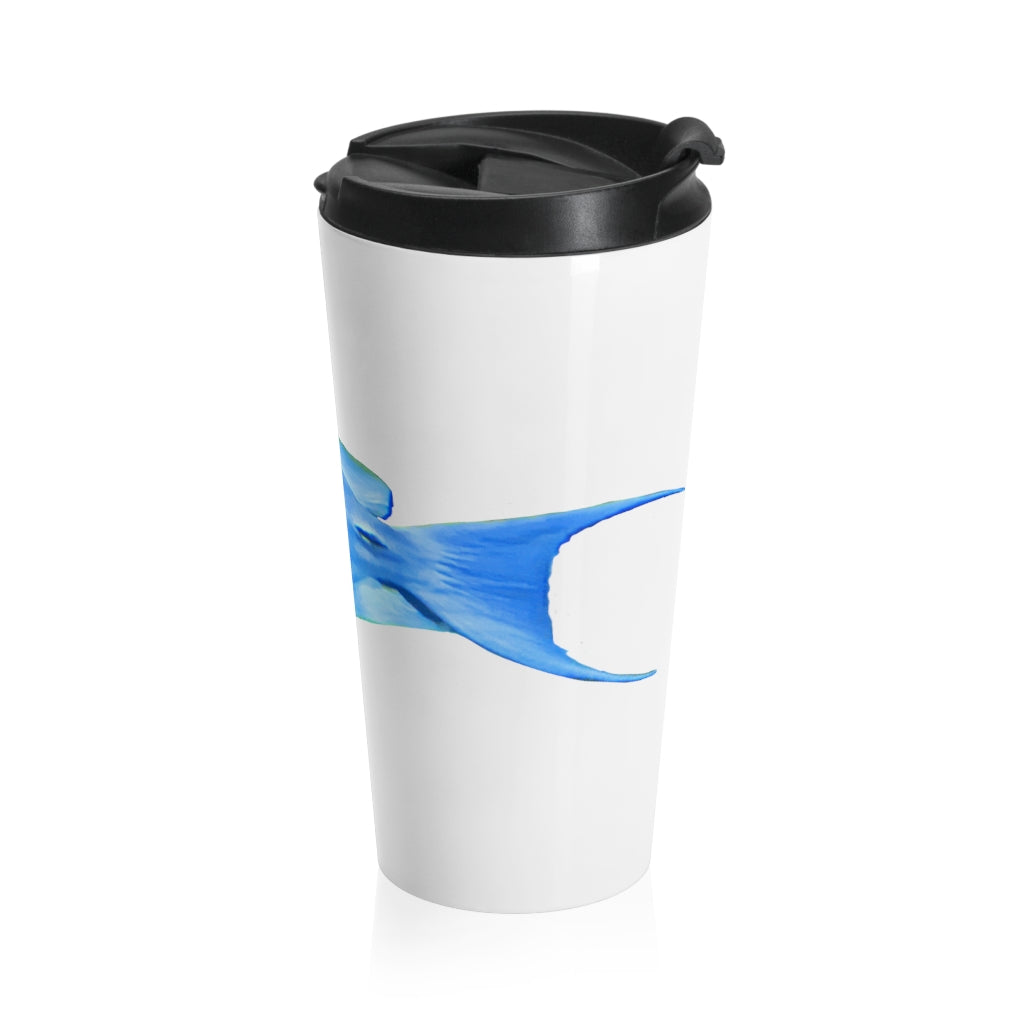 Light Blue and Yellow Fish Stainless Steel Travel Mug with black lid, showcasing a vibrant fish design.