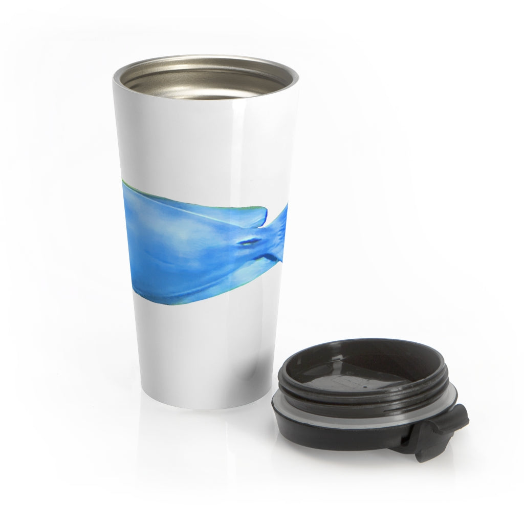 Light Blue and Yellow Fish Stainless Steel Travel Mug with black lid, showcasing a vibrant fish design.
