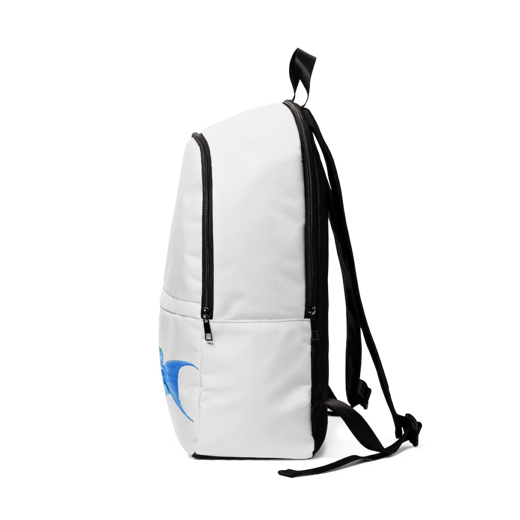 Light Blue and Yellow Fish Unisex Fabric Backpack with padded back panel and adjustable straps, perfect for school and outdoor use.