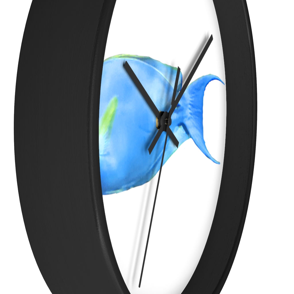 Light Blue and Yellow Fish Wall Clock with wooden frame and plexiglass face, featuring a vibrant fish design.