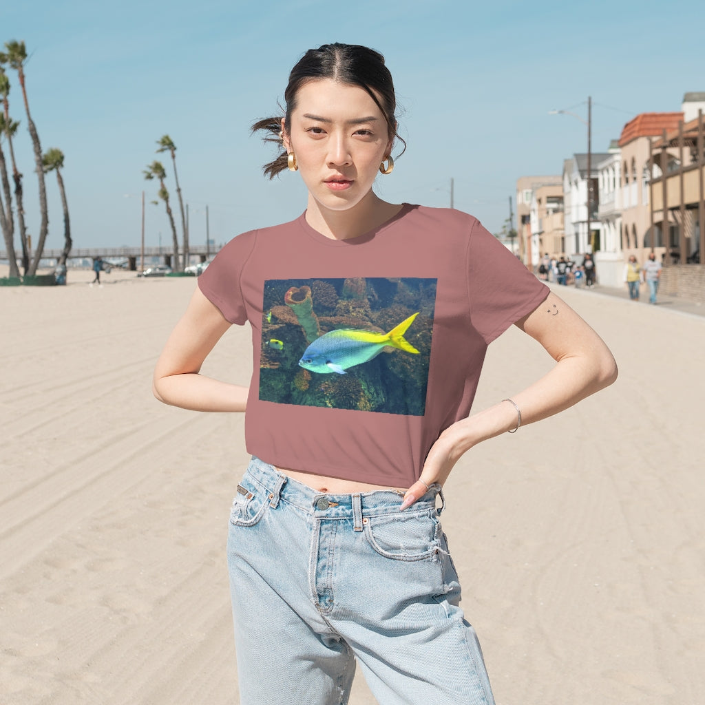 Light Blue and Yellow Fish Women's Flowy Cropped Tee featuring a relaxed fit and stylish design, perfect for casual wear.