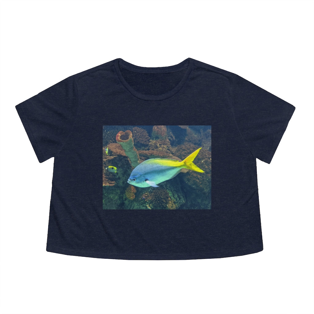 Light Blue and Yellow Fish Women's Flowy Cropped Tee featuring a relaxed fit and stylish design, perfect for casual wear.
