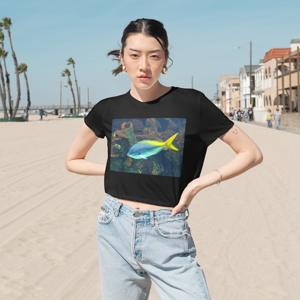 Light Blue and Yellow Fish Women's Flowy Cropped Tee featuring a relaxed fit and stylish design, perfect for casual wear.