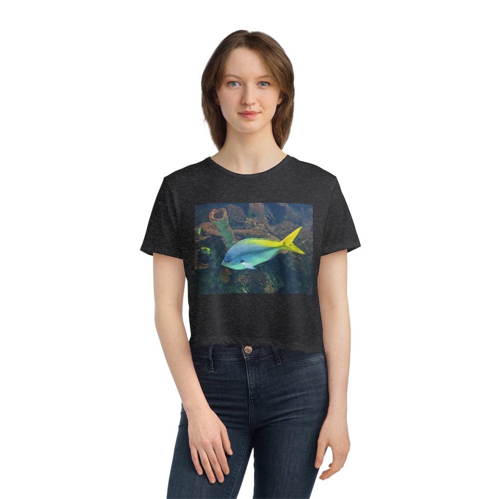 Light Blue and Yellow Fish Women's Flowy Cropped Tee featuring a relaxed fit and stylish design, perfect for casual wear.
