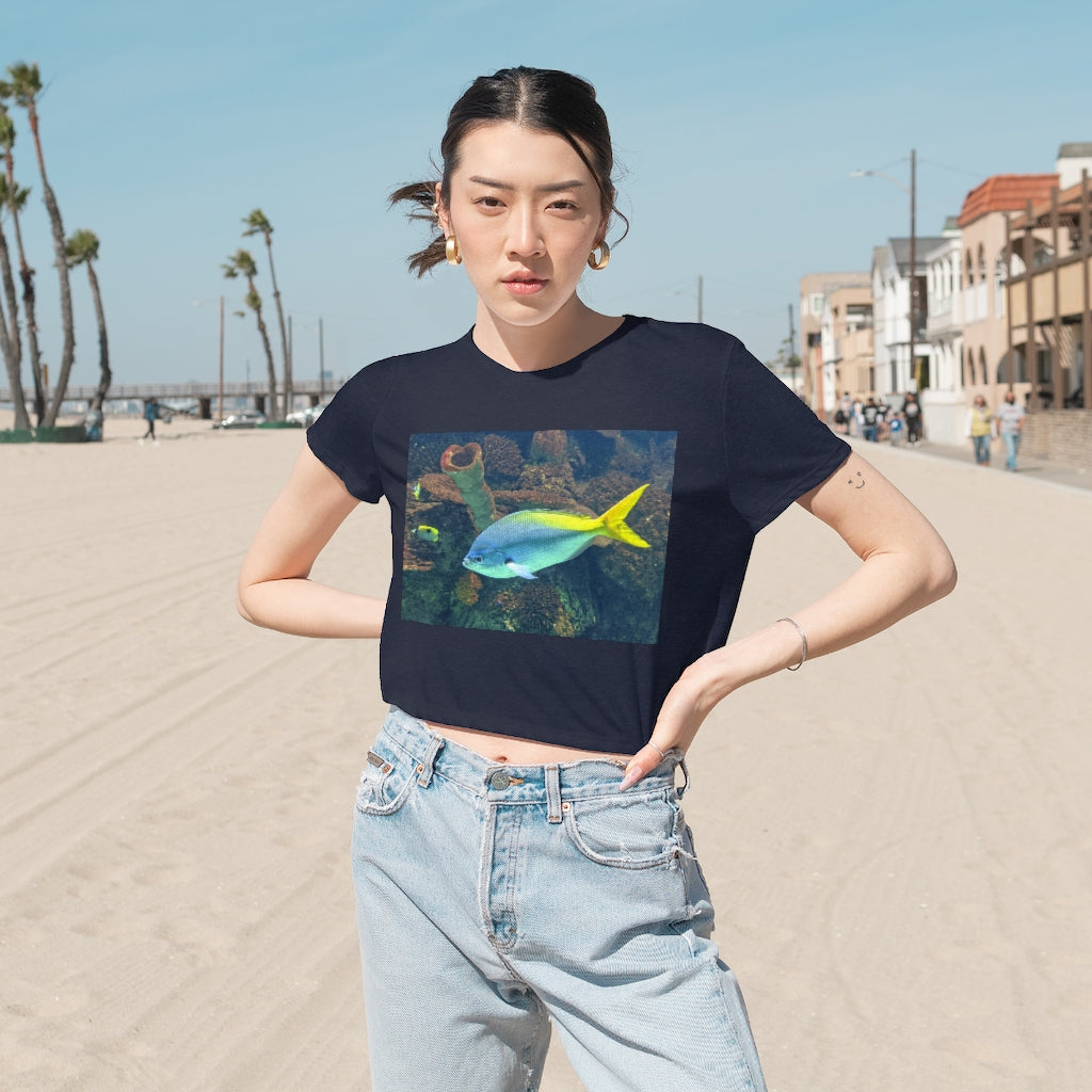 Light Blue and Yellow Fish Women's Flowy Cropped Tee featuring a relaxed fit and stylish design, perfect for casual wear.