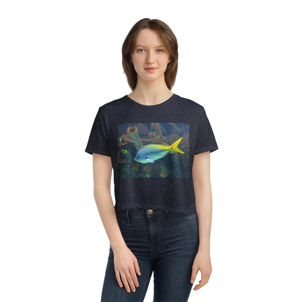 Light Blue and Yellow Fish Women's Flowy Cropped Tee featuring a relaxed fit and stylish design, perfect for casual wear.