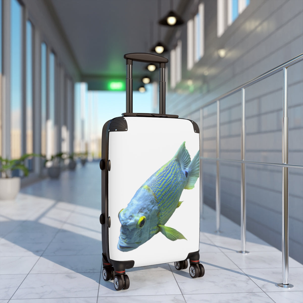 Light Blue Fish Cabin Suitcase with personalized design, showcasing its durable polycarbonate shell and adjustable handle.