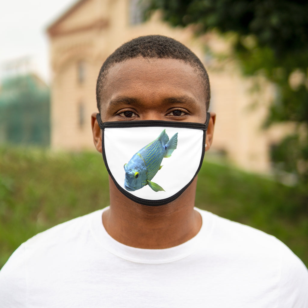 Light Blue Fish Mixed-Fabric Face Mask featuring a vibrant fish pattern with black edges and earloops.
