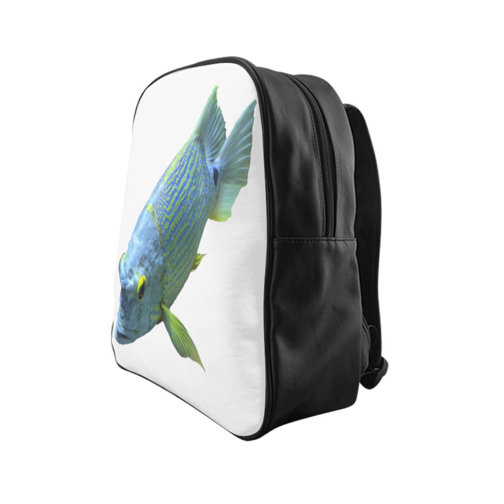 Light Blue Fish School Backpack featuring a vibrant fish print, padded back, and spacious interior pockets, ideal for school and everyday use.