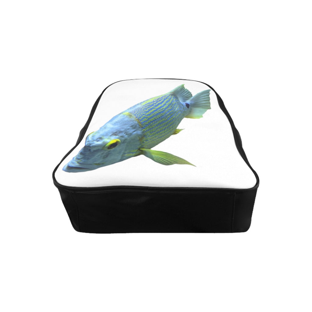 Light Blue Fish School Backpack featuring a vibrant fish print, padded back, and spacious interior pockets, ideal for school and everyday use.