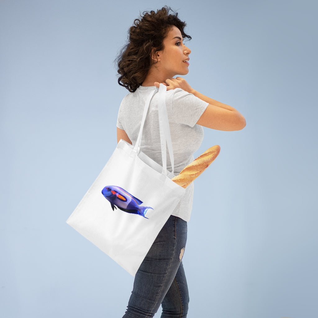 Light Blue Fish Tote Bag with long handles and cross-stitched design, made from 100% cotton fabric.
