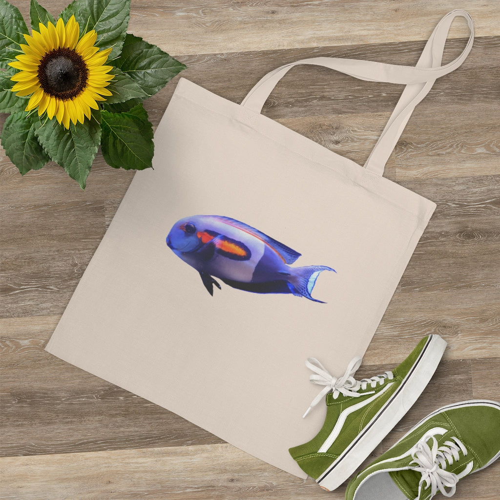 Light Blue Fish Tote Bag with long handles and cross-stitched design, made from 100% cotton fabric.