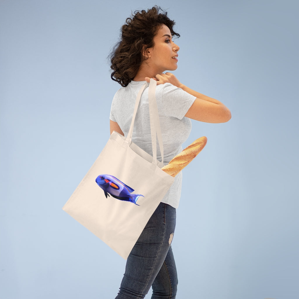 Light Blue Fish Tote Bag with long handles and cross-stitched design, made from 100% cotton fabric.