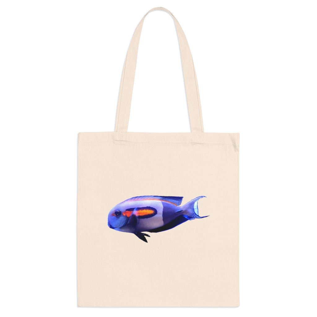 Light Blue Fish Tote Bag with long handles and cross-stitched design, made from 100% cotton fabric.