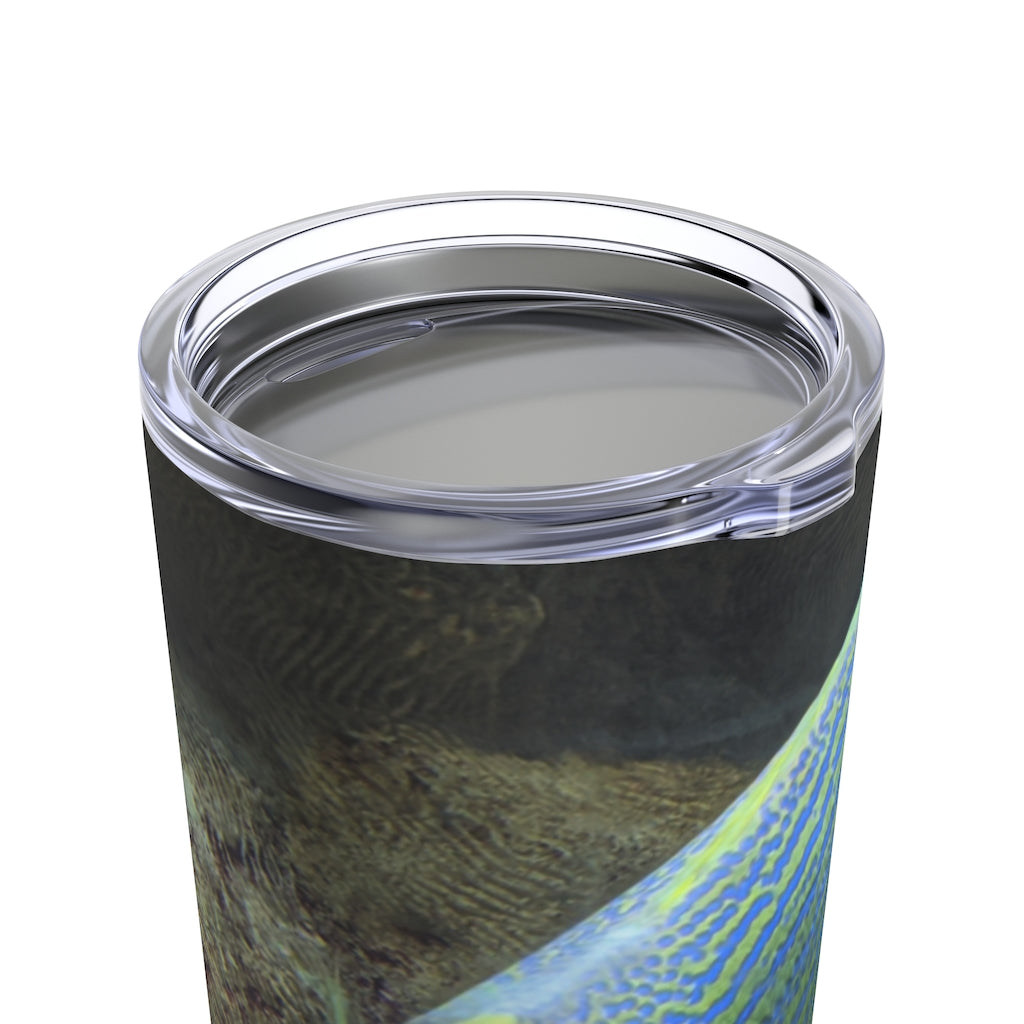 Light Blue Fish Tumbler 20oz made of stainless steel with a see-thru plastic lid, showcasing a stylish design perfect for travel.