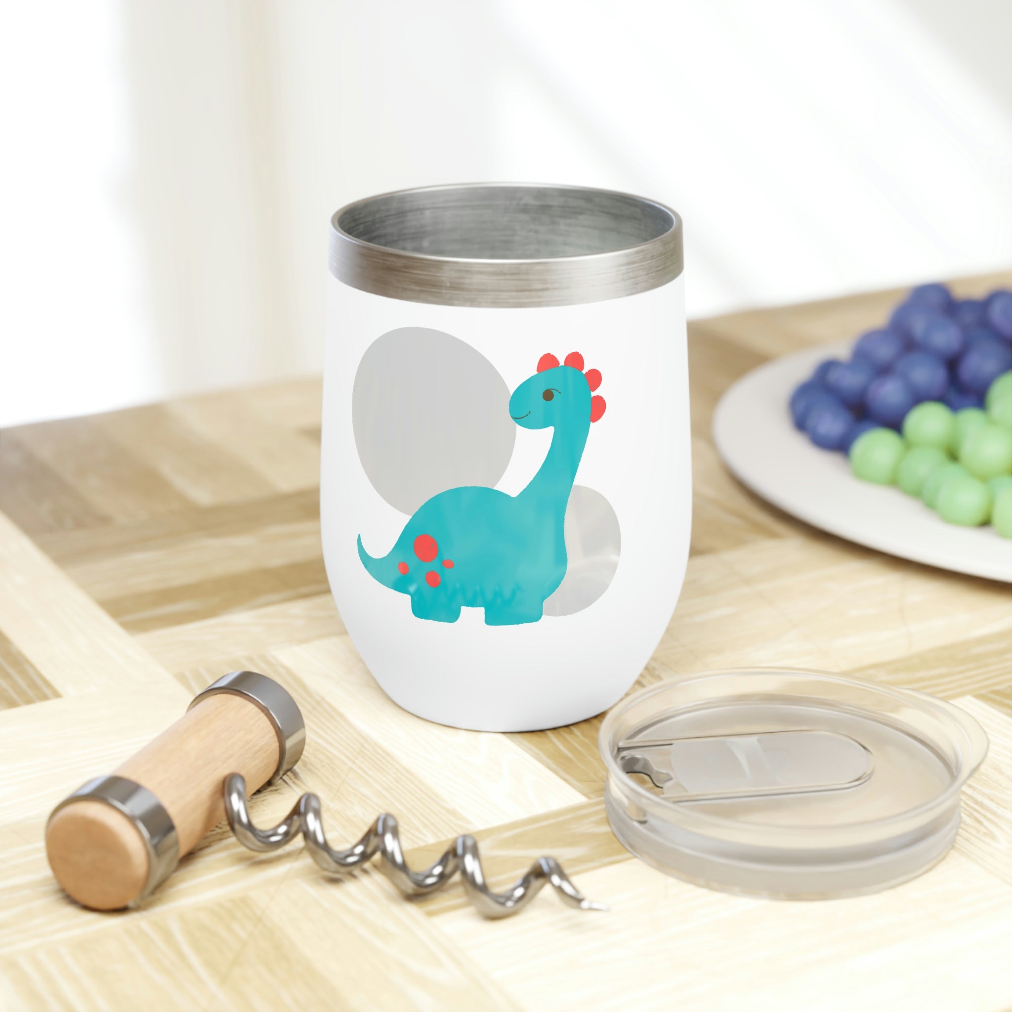 Light blue long neck dinosaur wine tumbler with double insulation and stainless steel design, perfect for keeping drinks at the right temperature.